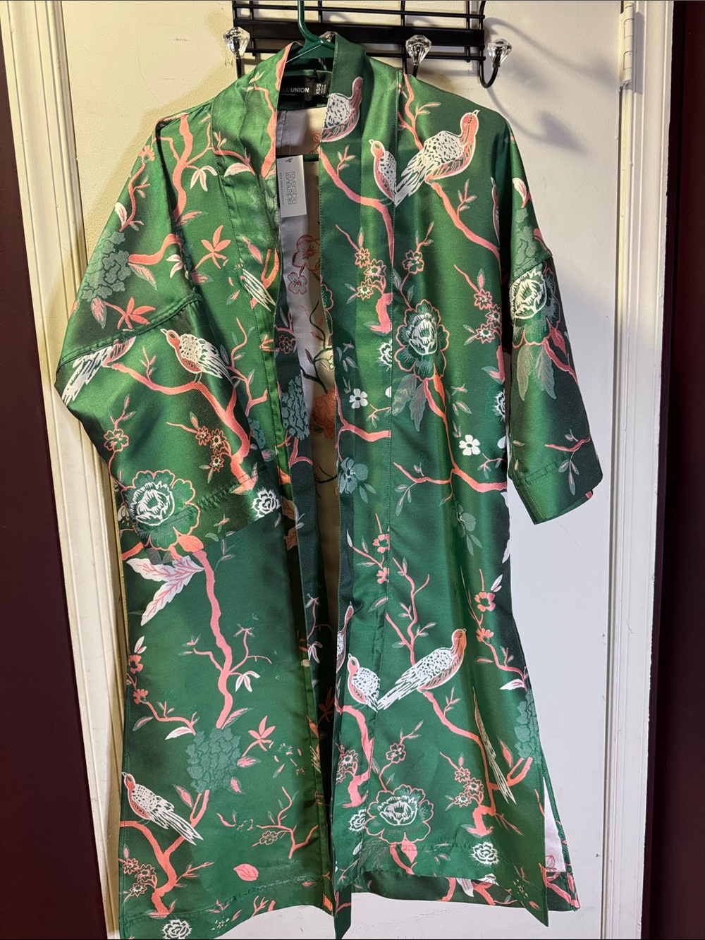 Green Polyester Floral & Bird Kimono-Style Jacket